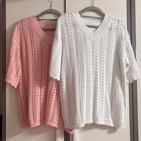 [BUNJANG] Punching Detail Short Sleeve Knit (Pink) / (택포) 펀칭 반팔 니트