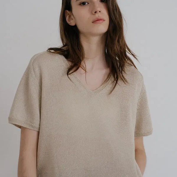 [BUNJANG] Knownbetter V-Neck Half Paper Knit Beige / [노운베러] 브이넥 하프 페이퍼 니트 베이지 새상품