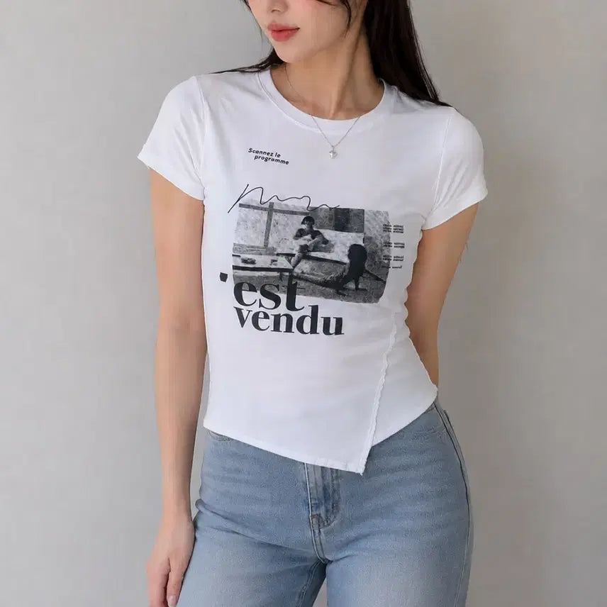 [BUNJANG] Asymmetric Hem Cropped T-shirt Slim Fit / 언발 크롭 반팔티 슬림핏 (무료배송)