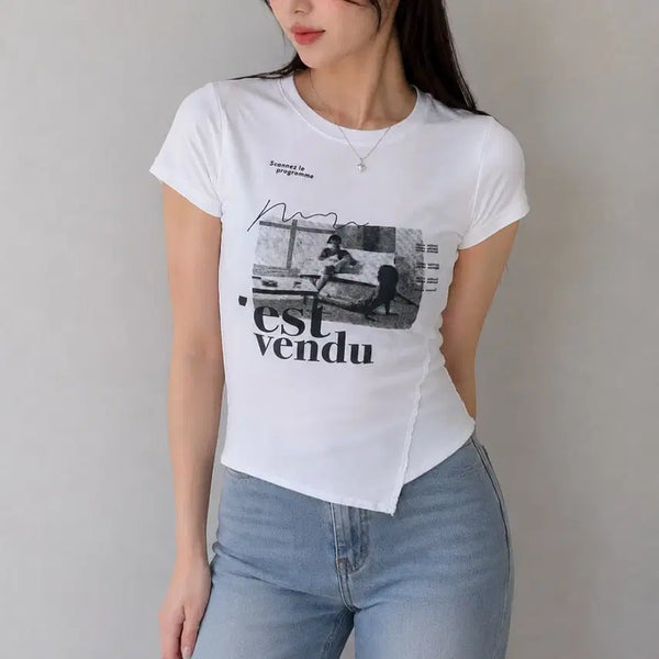 [BUNJANG] Asymmetric Hem Cropped T-shirt Slim Fit / 언발 크롭 반팔티 슬림핏 (무료배송)