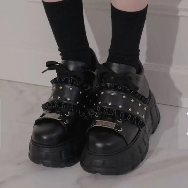 [BUNJANG] Pium Frill Belt Volume Sneakers Black L / 피움 pium 프릴 벨트 볼륨 스니커즈 블랙 L