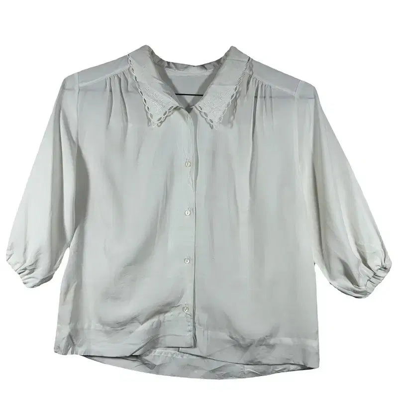 [BUNJANG] White Lace Collar Blouse / 화이트 레이스카라 블라우스 레트로 퍼프 셔츠 [L]