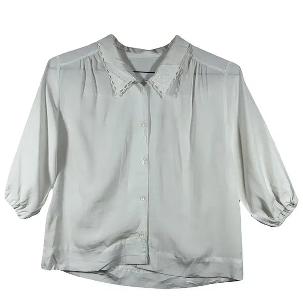 [BUNJANG] White Lace Collar Blouse / 화이트 레이스카라 블라우스 레트로 퍼프 셔츠 [L]