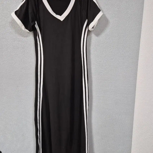 [BUNJANG] V-Neck Short-Sleeve Stripe Maxi Dress / 브이넥 3선 반팔원피스 55~66