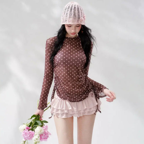 [BUNJANG] Pinkup Pink Polka Dot Shirring Long Sleeve Top & Tiered Skirt 4-Piece Set / Pinkup 핑크 비키니 도트 셔링 롱슬리브 티 캉캉 스커트 4피스