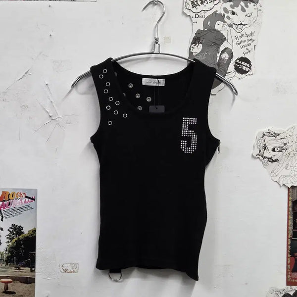 [BUNJANG] Punk Style Sleeveless Top with Eyelets, Cubic, and Zipper Detail / JPN 펑크 아일렛 큐빅 지퍼 슬리브리스