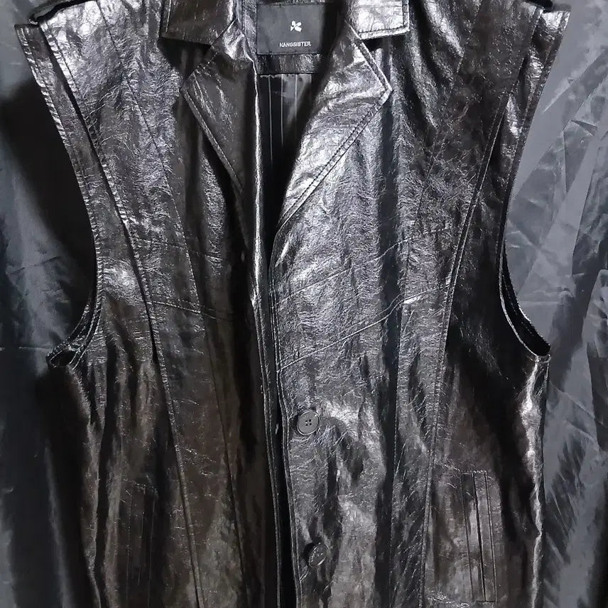 [BUNJANG] Gangja Mae Black Leather Long Vest / 강자매 블랙 레더 베스트 롱