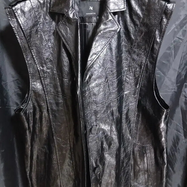 [BUNJANG] Gangja Mae Black Leather Long Vest / 강자매 블랙 레더 베스트 롱