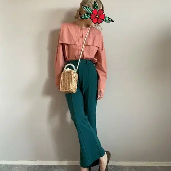 [BUNJANG] GU High-Waist Bootcut Slacks Pants - Teal Green / GU 청록그린 하이웨스트 부츠컷 슬랙스 팬츠
