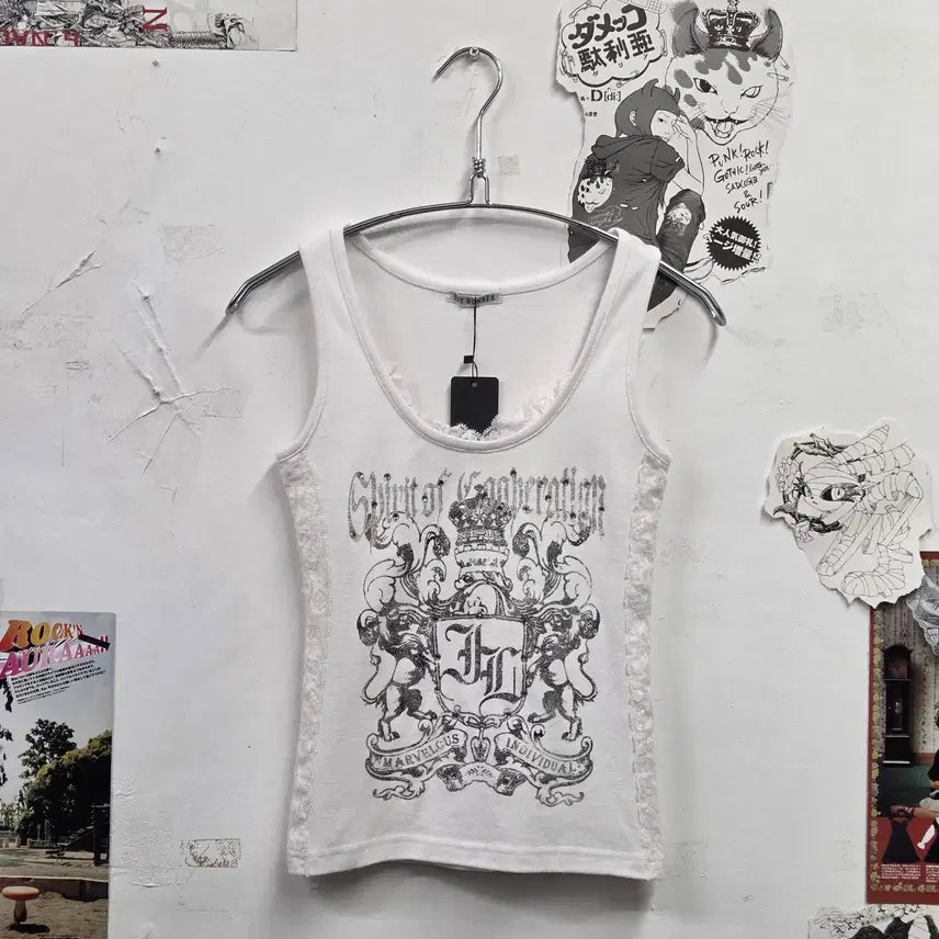 [BUNJANG] Japanese Y2K Punk Cubic Lace White Sleeveless Top / JPN Y2K 펑크 큐빅 레이스 화이트 슬리브리스