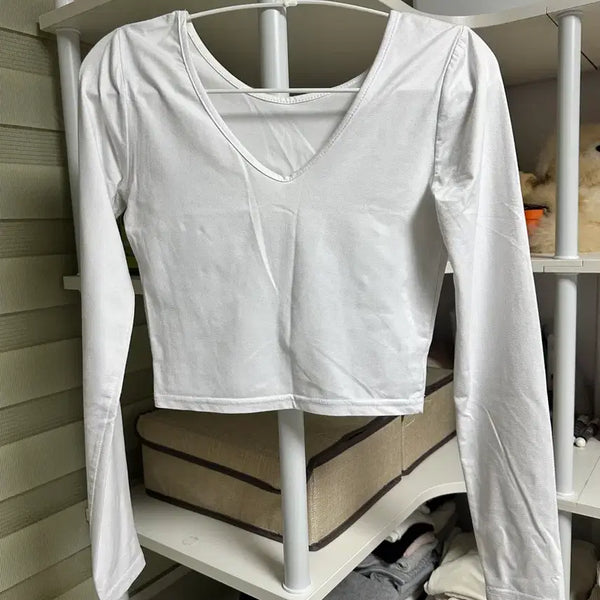 [BUNJANG] White Cropped Long Sleeve T-Shirt / 화이트 크롭 긴팔티