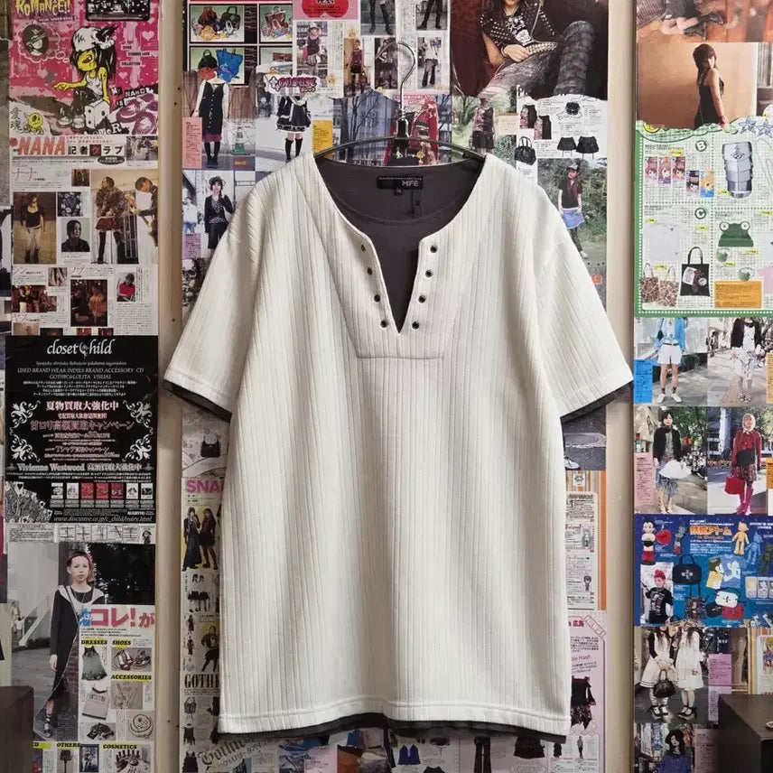 [BUNJANG] JPN Layered Eyelet Ribbed Short Sleeve T-Shirt / JPN 레이어드 아일렛 골지 반팔