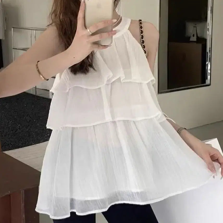 [BUNJANG] Halterneck Ruffle Sleeveless Blouse (White) / (새상품) 홀터넥 캉캉 프릴 나시 블라우스(화이트)