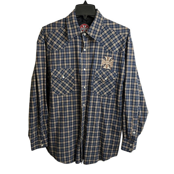 [BUNJANG] West Coast Choppers 00s Original Iron Cross Logo Western Check Shirt L / 00s 웨스트 코스트 차퍼스 오리지널 아이언 크로스 로고 웨스턴 체크 셔츠