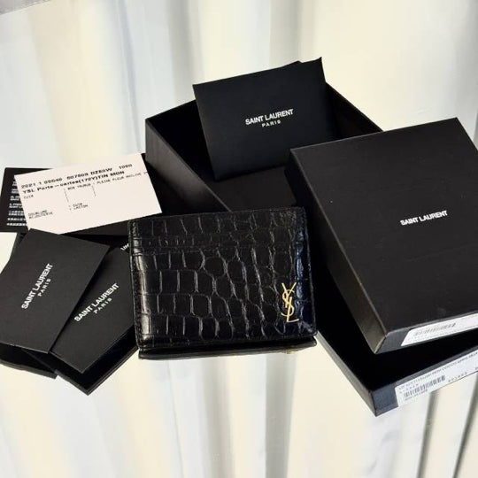 [BUNJANG] Saint Laurent Crocodile Card Holder Black Gold / [새상품급] 입생로랑 크로커다일 카드지갑 블랙 골드