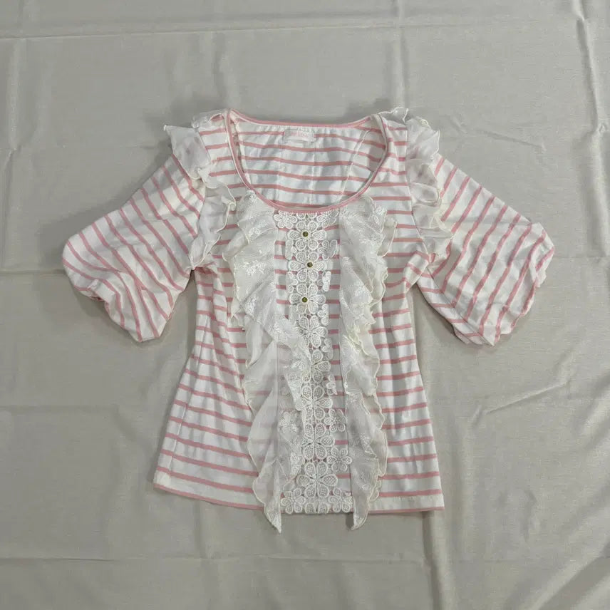 [BUNJANG] Lizlisa Strawberry Milk Pink Frill Lace Stripe Blouse T-Shirt / 리즈리사 딸기우유 연핑크 프릴 레이스 스트라이프 블라우스 티셔츠 히메갸루