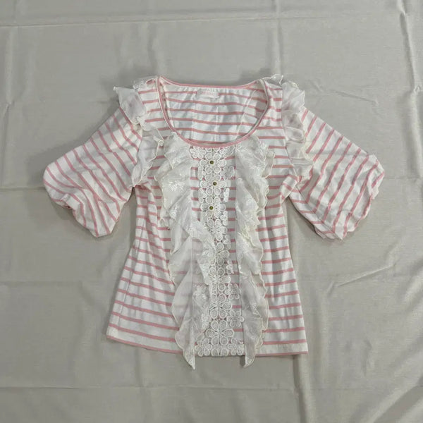 [BUNJANG] Lizlisa Strawberry Milk Pink Frill Lace Stripe Blouse T-Shirt / 리즈리사 딸기우유 연핑크 프릴 레이스 스트라이프 블라우스 티셔츠 히메갸루