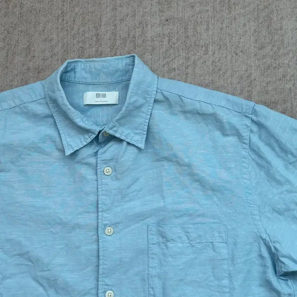 [BUNJANG] Uniqlo Blue Linen Blend Short Sleeve Shirt - Size L / 유니클로 블루 마 반팔 셔츠 L