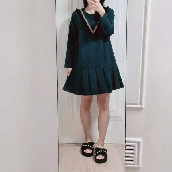 [BUNJANG] Flowy Tassel Ruffle Mini Dress / [새상품] 청록그린 수술장식 러플 미니 원피스