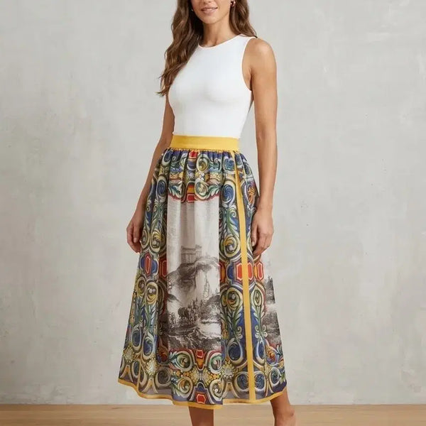 [BUNJANG] 100% Silk Organza A-Line Flare Skirt Opera Print / 100% 실크 오간자 A라인 플레어 스커트 | M(55) | 1회 착용 | 오페라 프린트