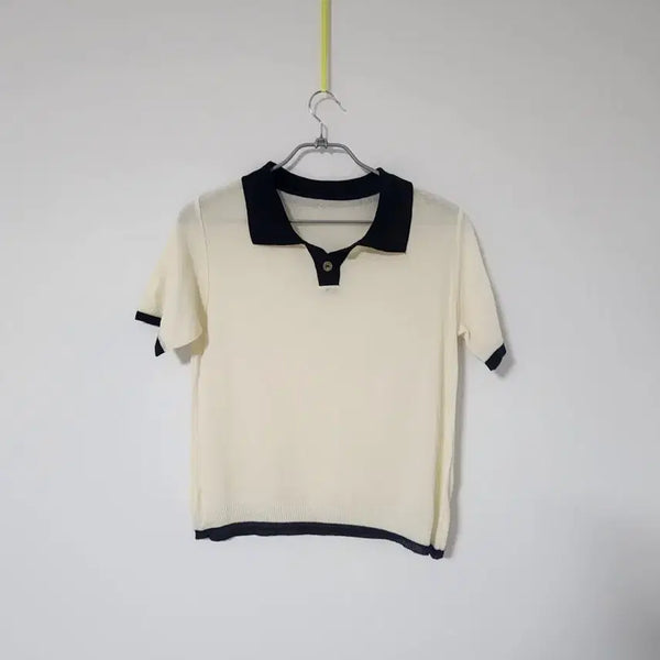 [BUNJANG] Cream Short Sleeve Knit with Navy Collar and Sleeve Detail / 크림색  반팔 니트