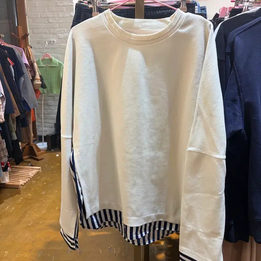 [BUNJANG] System Ivory Striped Color-Block Sweatshirt / 한섬 시스템 아이보리 단가라 배색 맨투맨