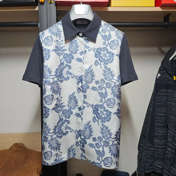 [BUNJANG] AIGNER Oriental Floral Leaf Silk Short Sleeve Blouse / 아이그너 전면실크 오리엔탈 플로럴 리프 여성 반팔셔츠 95