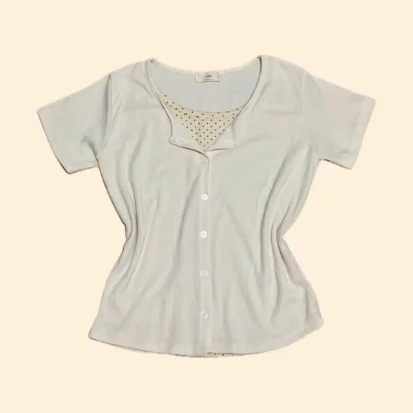 [BUNJANG] Ivory Dot Layered Short-Sleeve Cardigan / (새상품) 아이보리 도트 레이어드 일체형 반팔 가디건