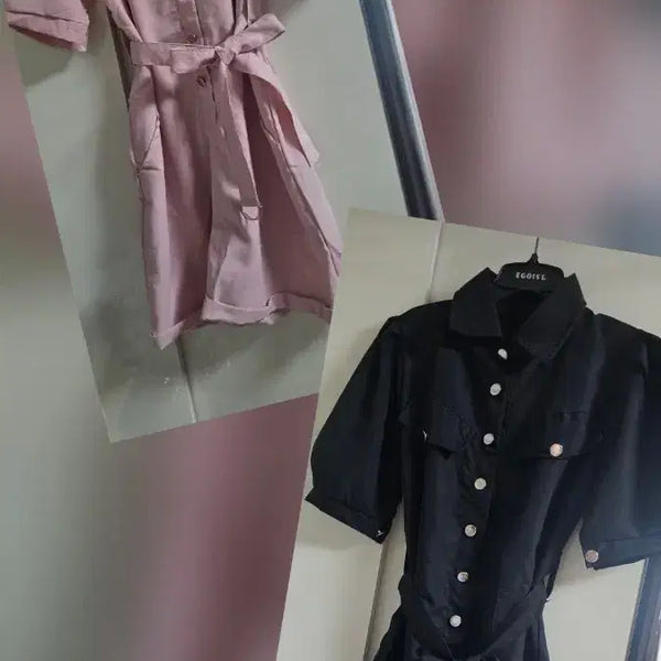 [BUNJANG] Chic Black Puff Sleeve Belted Jumpsuit (New) / 매력적인 블랙/핑크 퍼프소매 벨트 점프수트(새상품)