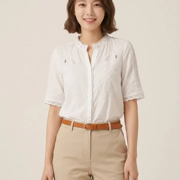 [BUNJANG] NICE CLAUP White Ethnic Embroidered Blouse Cotton Lace Detail Size M / 나이스크랍 화이트 에스닉 자수 블라우스 | 면100% | 레이스 디테일 | 55(M)