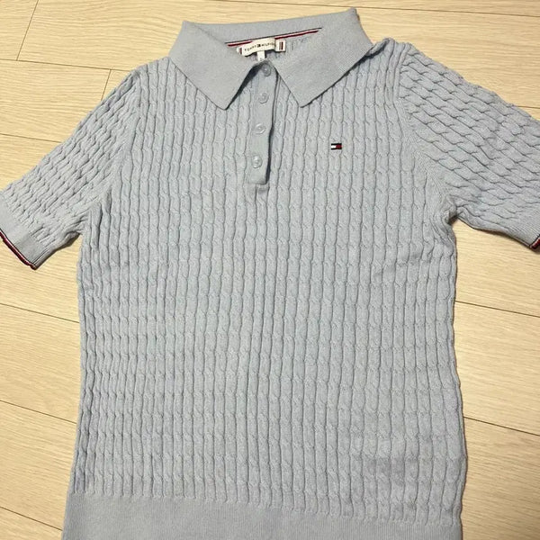[BUNJANG] Tommy Hilfiger Women's Cotton Cable Collar Knit Sky Blue S / (1회착)타미힐피거 우먼 코튼 케이블 카라 니트 하늘색 S