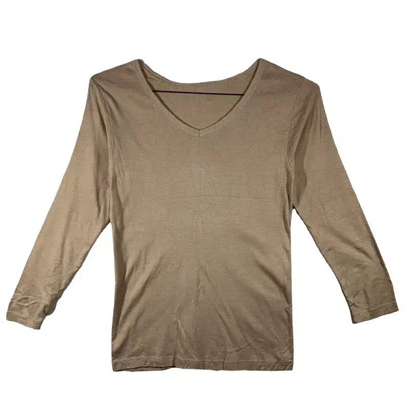 [BUNJANG] Beige V-Neck Slim Long Sleeve T-Shirt Cotton Blend / 베이지 브이넥 슬림 긴팔 티 베이직 이너티 [L] 코튼 혼방