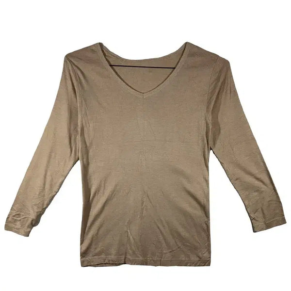 [BUNJANG] Beige V-Neck Slim Long Sleeve T-Shirt Cotton Blend / 베이지 브이넥 슬림 긴팔 티 베이직 이너티 [L] 코튼 혼방