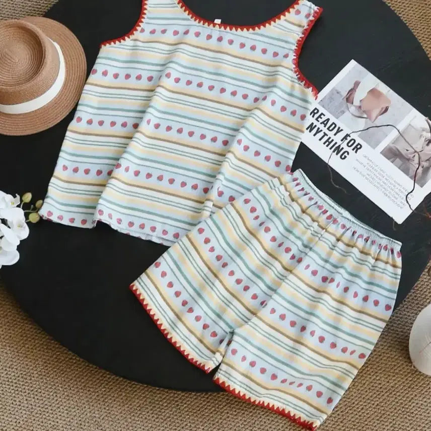 [BUNJANG] Strawberry Stripe Pajama Set / 에이블리 빅사이즈 나시 반팔 반바지 잠옷 파자마 홈웨어 세트 스트로베리 스트라이프