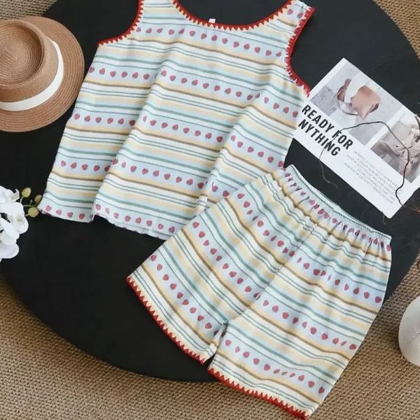 [BUNJANG] Strawberry Stripe Pajama Set / 에이블리 빅사이즈 나시 반팔 반바지 잠옷 파자마 홈웨어 세트 스트로베리 스트라이프