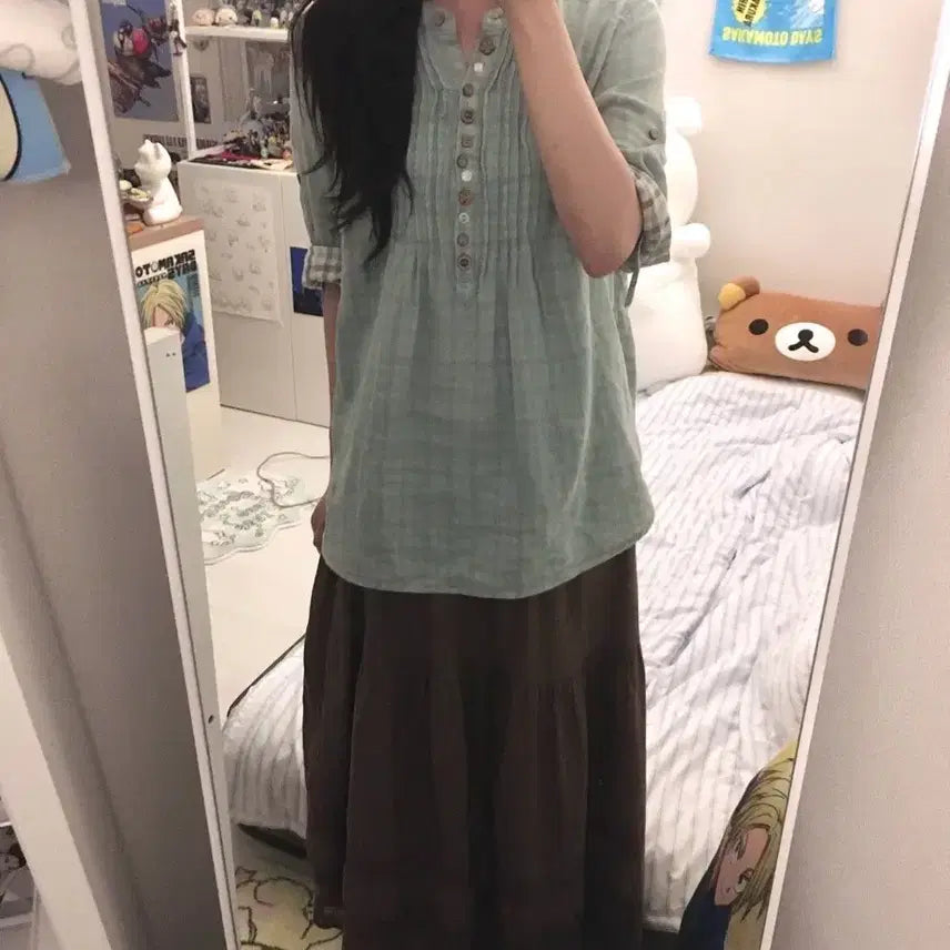 [BUNJANG] Checkered Shirt + Brown Long Skirt Set / 체크 무늬 셔츠 + 갈색 롱 스커트