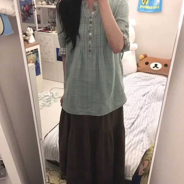 [BUNJANG] Checkered Shirt + Brown Long Skirt Set / 체크 무늬 셔츠 + 갈색 롱 스커트