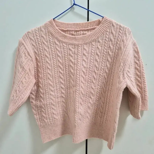 [BUNJANG] Pink Cable Knit Cropped Short Sleeve Top / 핑크 크롭 케이블 니트 반팔