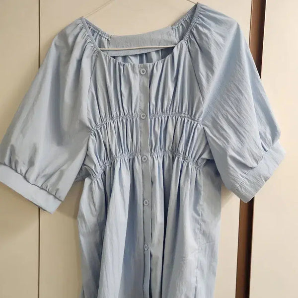 [BUNJANG] Sky Blue Blouse with Button Detail and Shirring / 하늘색 블라우스