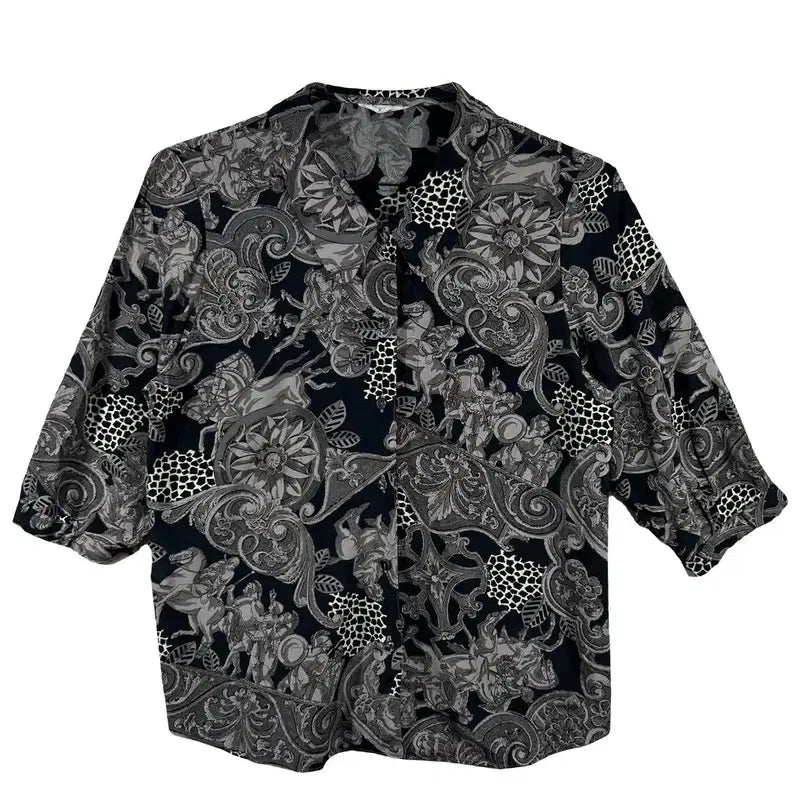 [BUNJANG] Vintage Pattern Open Collar Blouse Shirt - L / 빈티지 엔틱 패턴 오픈카라블라우스 빈티지 셔츠 [L]