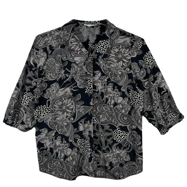 [BUNJANG] Vintage Pattern Open Collar Blouse Shirt - L / 빈티지 엔틱 패턴 오픈카라블라우스 빈티지 셔츠 [L]