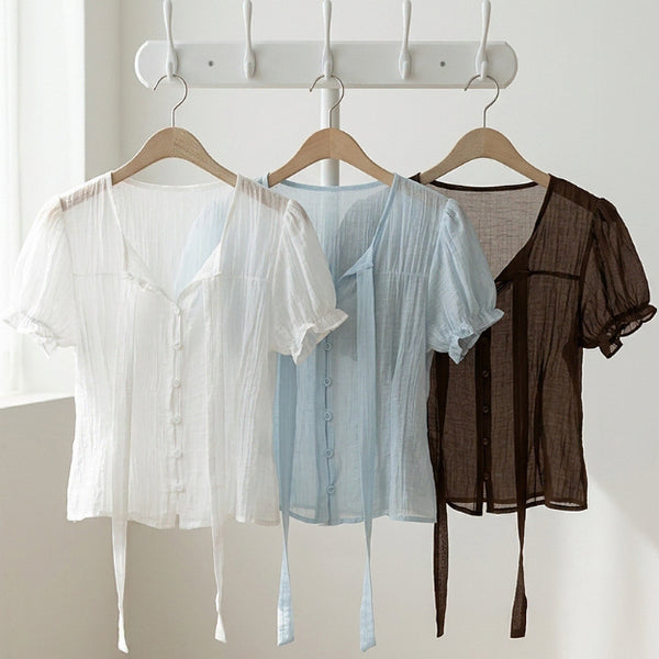 [BUNJANG] Tie Blouse with Ribbon Strap and Pintuck Detail, Short Sleeve See-Through Shirt / 타이 블라우스 리본 스트랩 핀턱 반팔셔츠 시스루 여성상의