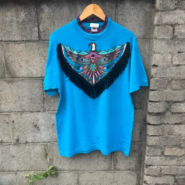 [BUNJANG] 90s Buffalo Thunderbird Fringe Western Short Sleeve T-Shirt / 90s 버팔로 빈티지 썬더버드 프린팅 프린지 웨스턴 반팔 티셔츠