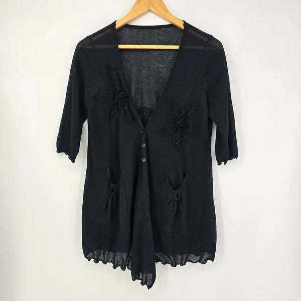 [BUNJANG] Women's Black Cardigan with Beaded Detail and Short Sleeves / 여성 가디건 비지 디테일 블랙 3부 소매