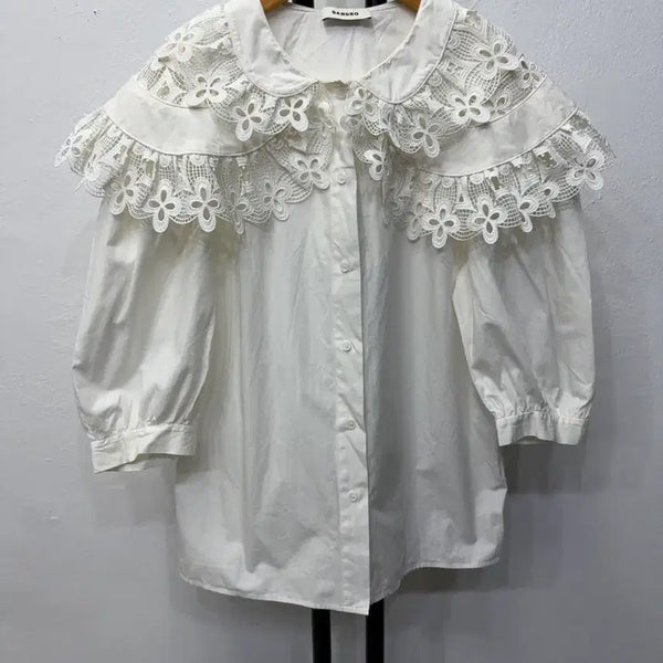 [BUNJANG] Sandro New White Lace Collar Shirt Blouse Size 1 / 정품) 산드로 신형 화이트 레이스 카라 셔츠 블라우스 1