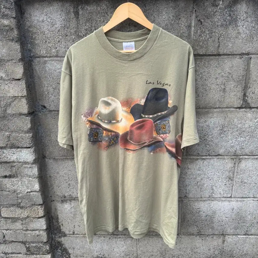 [BUNJANG] 90s Hazelwoods Fedora Printing Western Short Sleeve T-Shirt / 90s hazelwoods 빈티지 페도라 프린팅 웨스턴 반팔 티셔츠