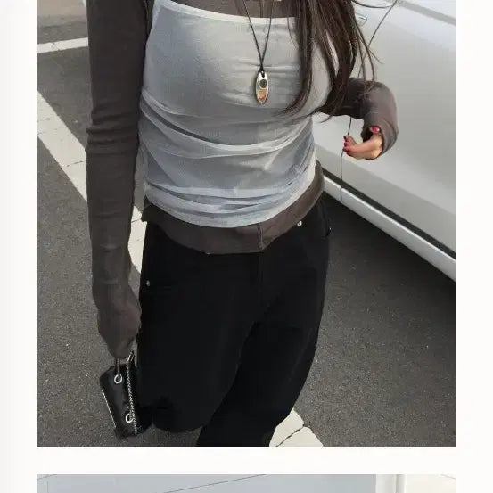 [BUNJANG] Sheer Sleeveless Top + Long Sleeve Layered Set / 시스루 나시 + 긴팔 레이어드 세트