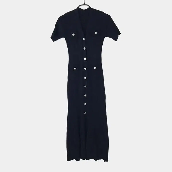 [BUNJANG] Gold Button Ribbed Knit Slim Dress / 금장단추 골지니트 슬림 원피스S