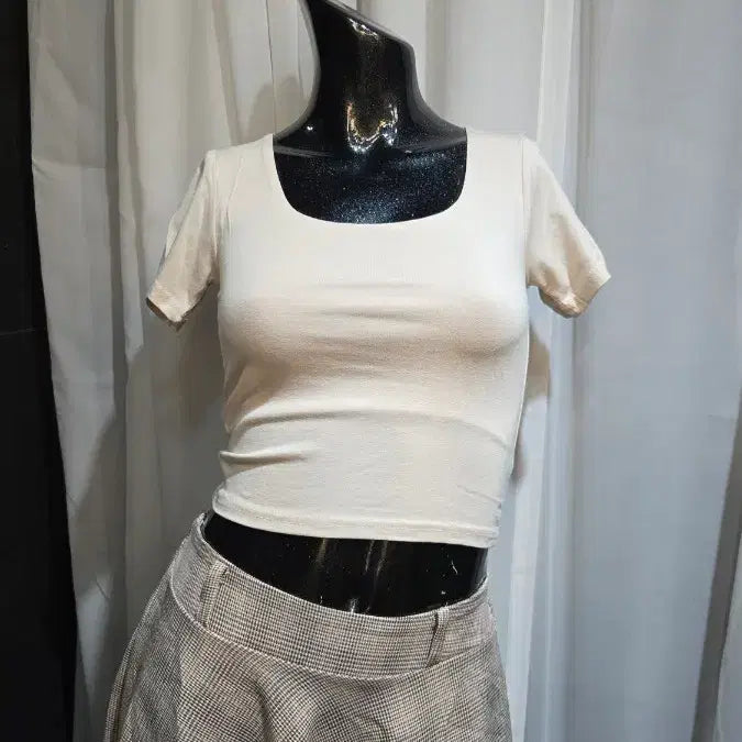 [BUNJANG] Slim Double-Layered Cropped Short-Sleeve T-Shirt Pink-Beige / 슬림 앞이중 핑크베이지 크롭 반팔