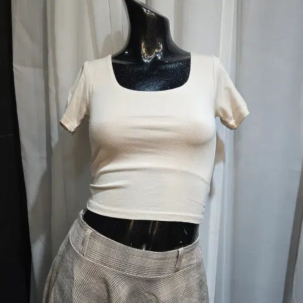 [BUNJANG] Slim Double-Layered Cropped Short-Sleeve T-Shirt Pink-Beige / 슬림 앞이중 핑크베이지 크롭 반팔